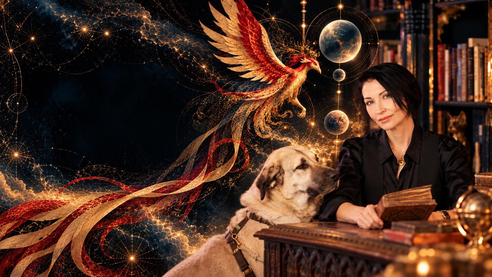 Nicky Sabeti in ihrer Bibliothek, neben ihr ihr Hund, im Hintergrund ein goldener Phönix