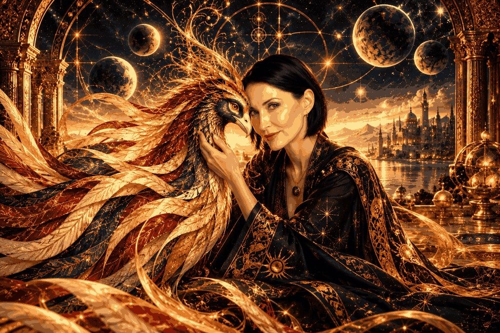 Nicky Sabeti mit einem goldenen Phönix – ein Shen-Art-Motiv