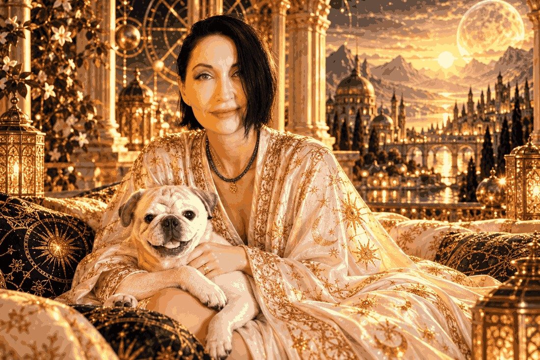 Nicky Sabeti mit ihrem Mops auf dem Schoß